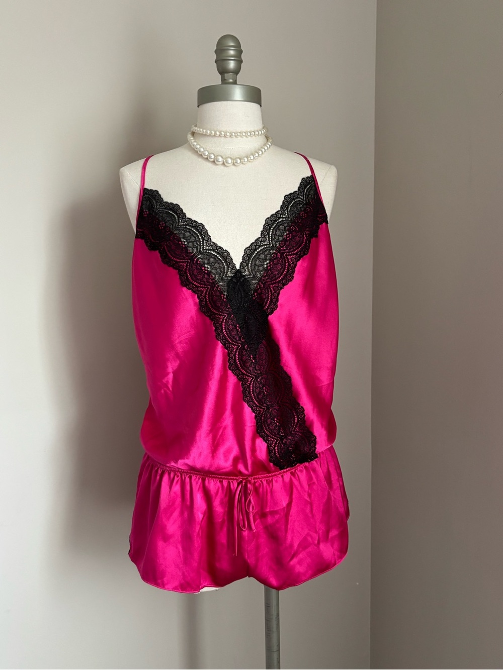 Victoria's Secret Hot Pink Satin Romper with Black Lace size L